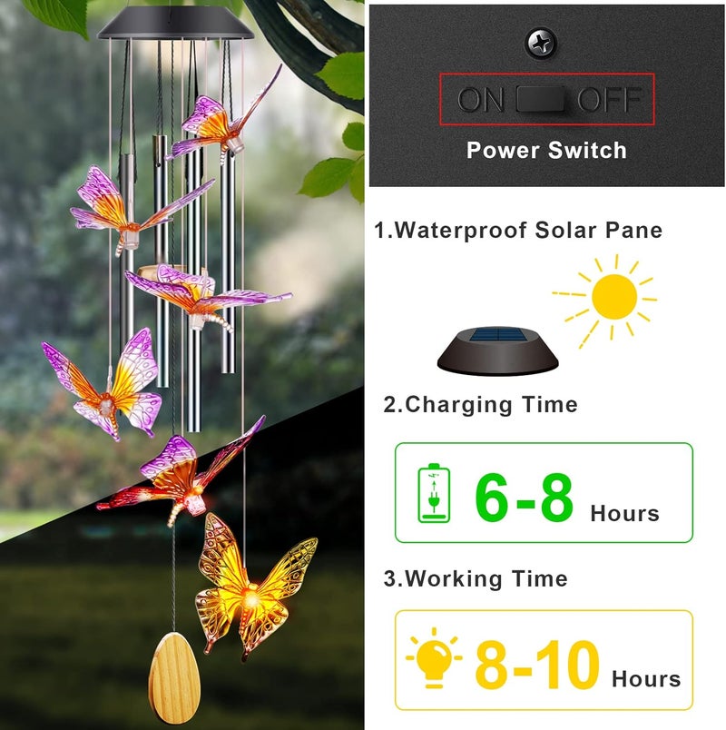 DesGully Butterfly Solar Wind Chimes with Aluminum Tubes - Color Changing Wind Chimes for Outside - Thanksgiving Gift - Image 4